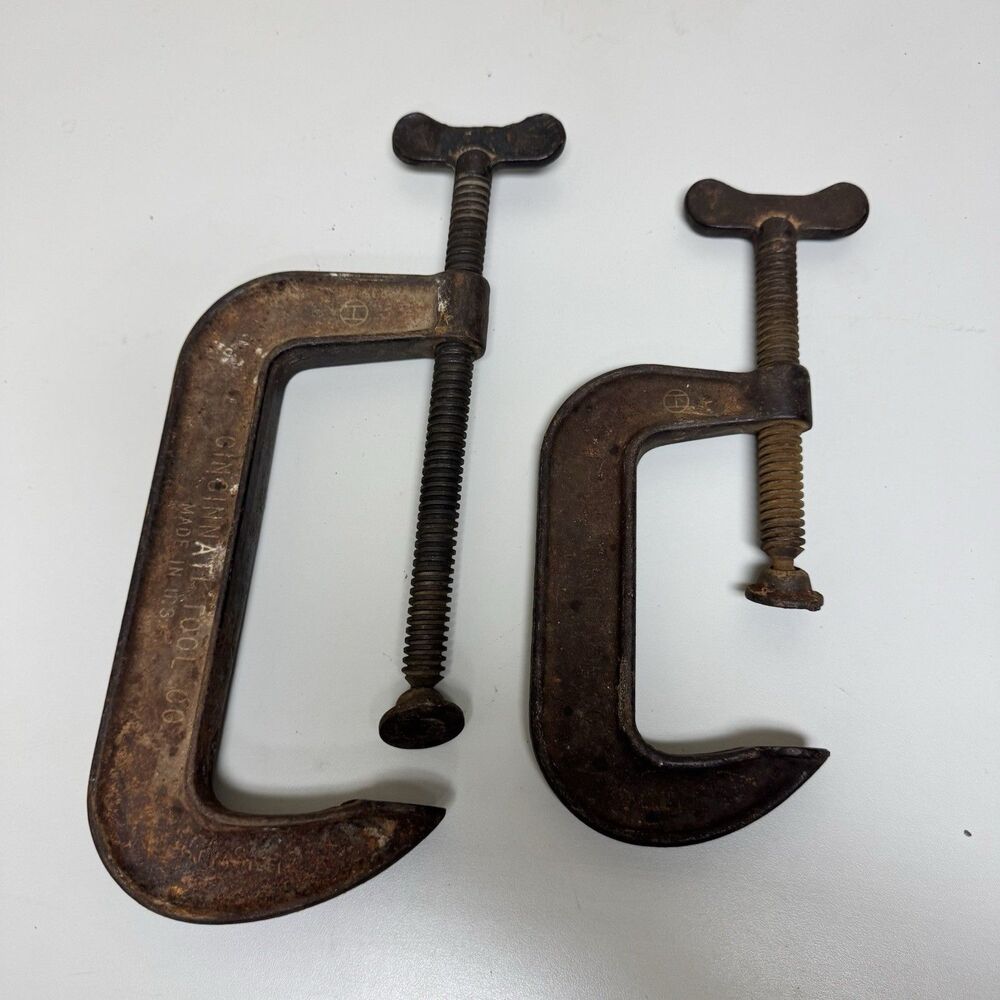Set of 2 Vintage Heavy Duty Malleable Pair of C-Clamps Made in USA Brown
